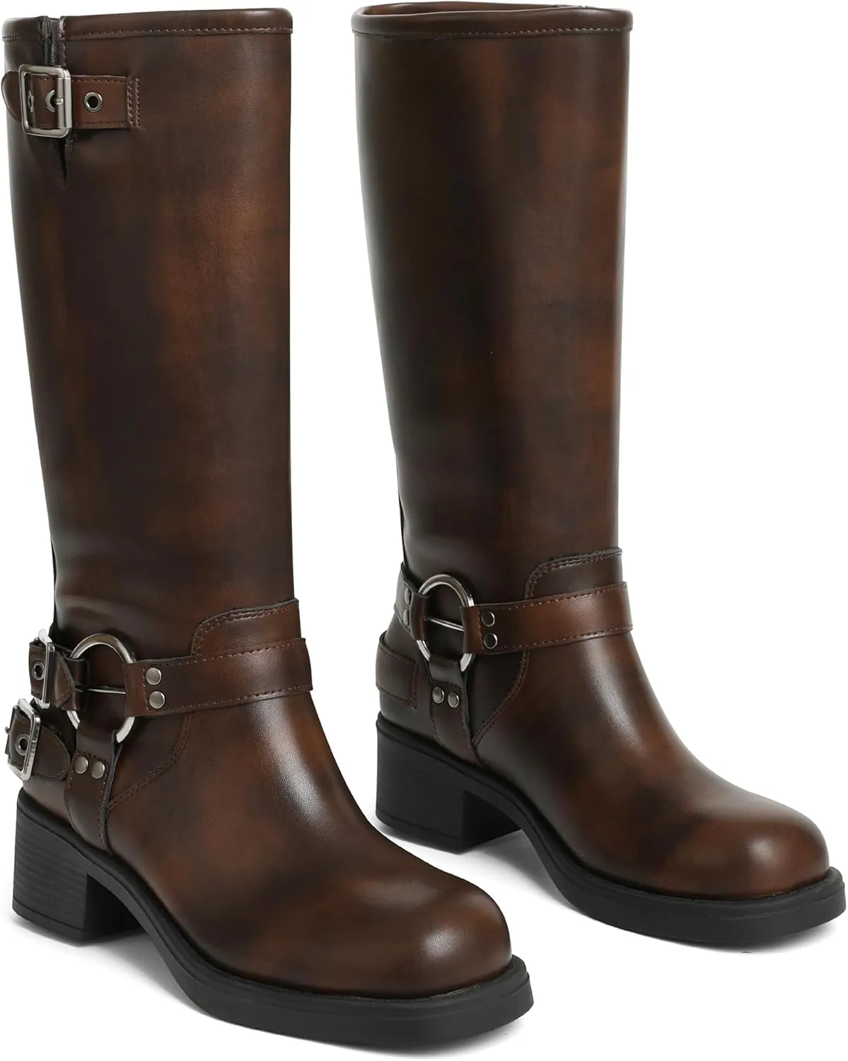 AMINUGAL Knee High Boots Women Square Toe Pull On Wide Calf Riding Fashion Buckles Chunky Metallic Casual Vintage Buckle Rivet