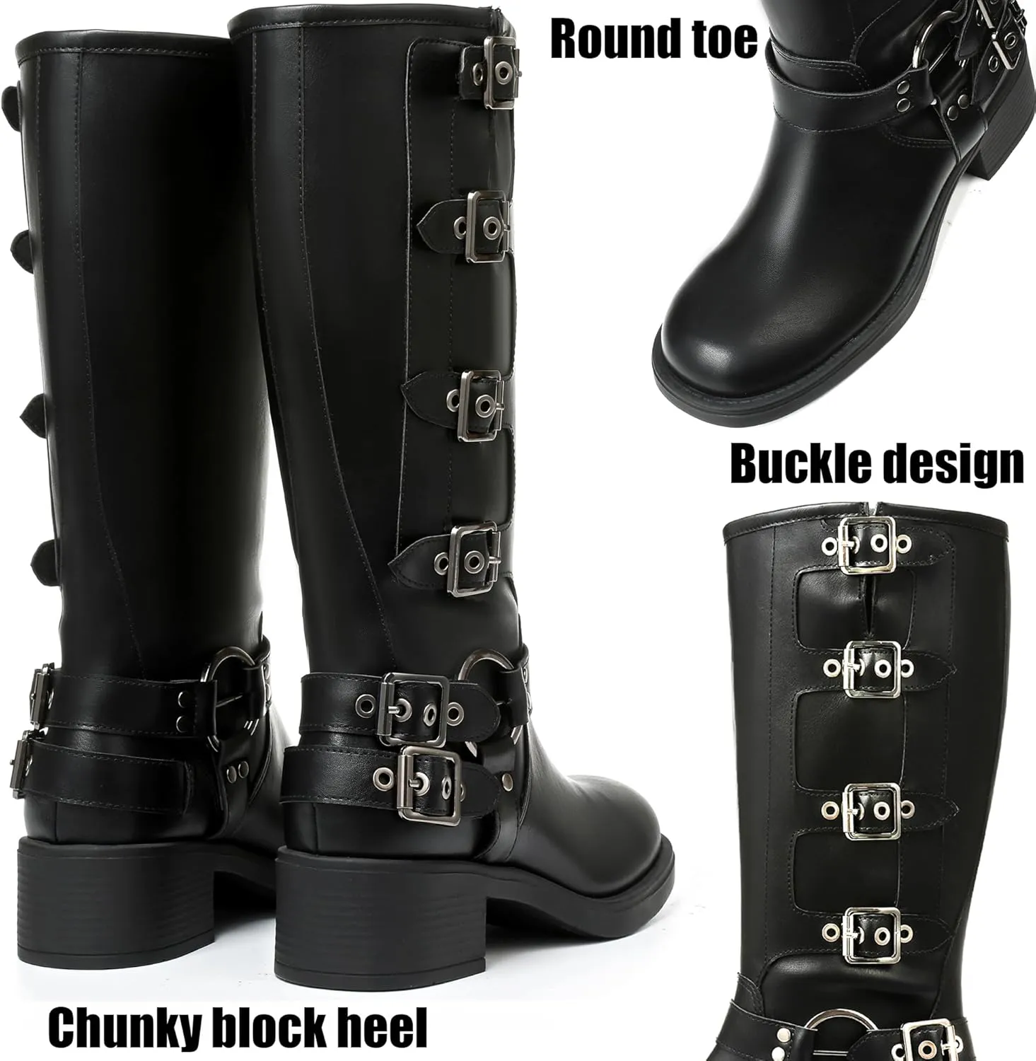AMINUGAL Knee High Boots Women Square Toe Pull On Wide Calf Riding Fashion Buckles Chunky Metallic Casual Vintage Buckle Rivet