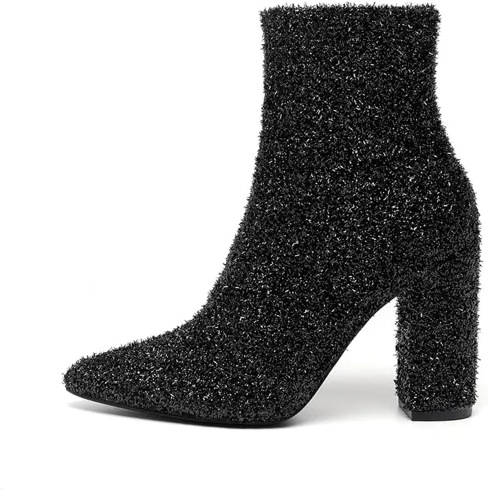 Amoji Women 4 Inch Rhinestone Heeled Boots Pointed Toe Chunky Boot With Zipper