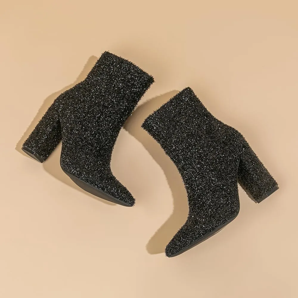 Amoji Women 4 Inch Rhinestone Heeled Boots Pointed Toe Chunky Boot With Zipper