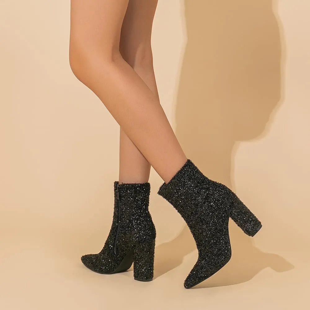 Amoji Women 4 Inch Rhinestone Heeled Boots Pointed Toe Chunky Boot With Zipper