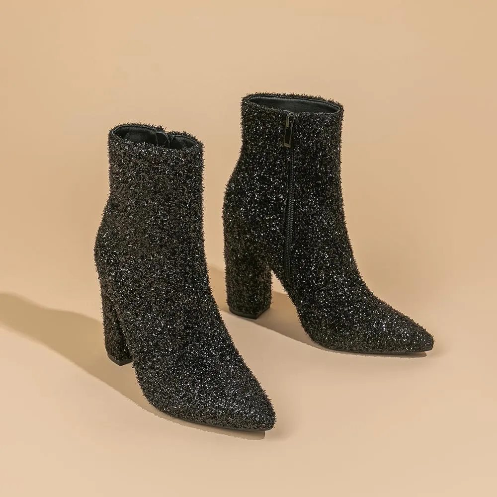 Amoji Women 4 Inch Rhinestone Heeled Boots Pointed Toe Chunky Boot With Zipper