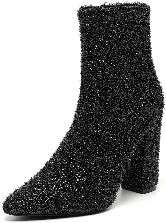 Amoji Women 4 Inch Rhinestone Heeled Boots Pointed Toe Chunky Boot With Zipper
