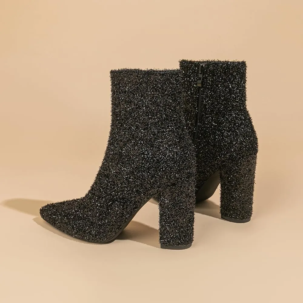 Amoji Women 4 Inch Rhinestone Heeled Boots Pointed Toe Chunky Boot With Zipper