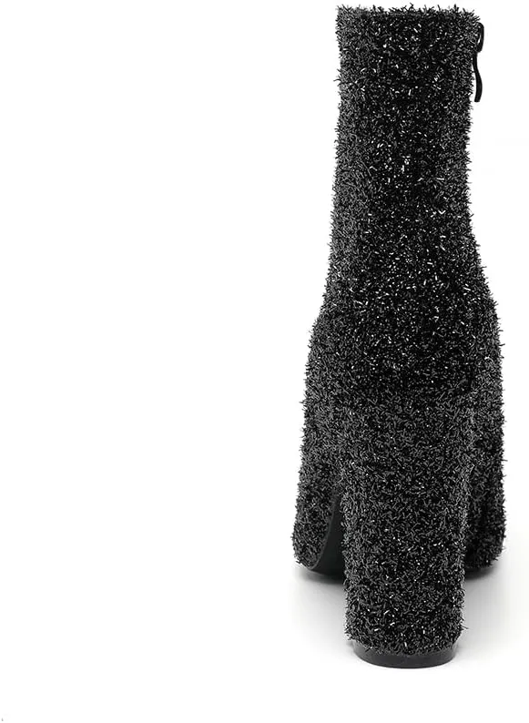 Amoji Women 4 Inch Rhinestone Heeled Boots Pointed Toe Chunky Boot With Zipper