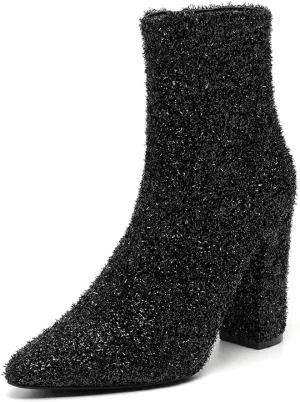 Amoji Women 4 Inch Rhinestone Heeled Boots Pointed Toe Chunky Boot With Zipper