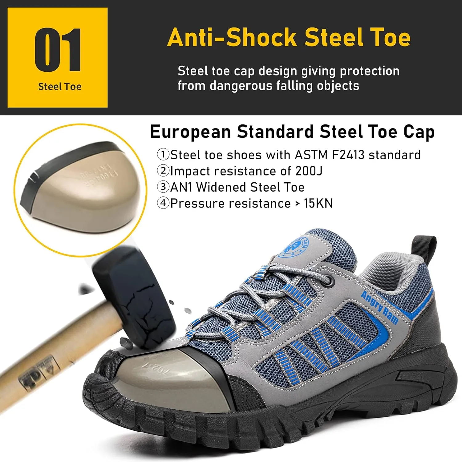 ANGRYRAM Steel Toe Shoes for Men Women Lightweight Indestructible Work Shoes Breathable Slip Resistant Safety Sneakers Comfortable Puncture Proof Shoes for Working Construction Industry