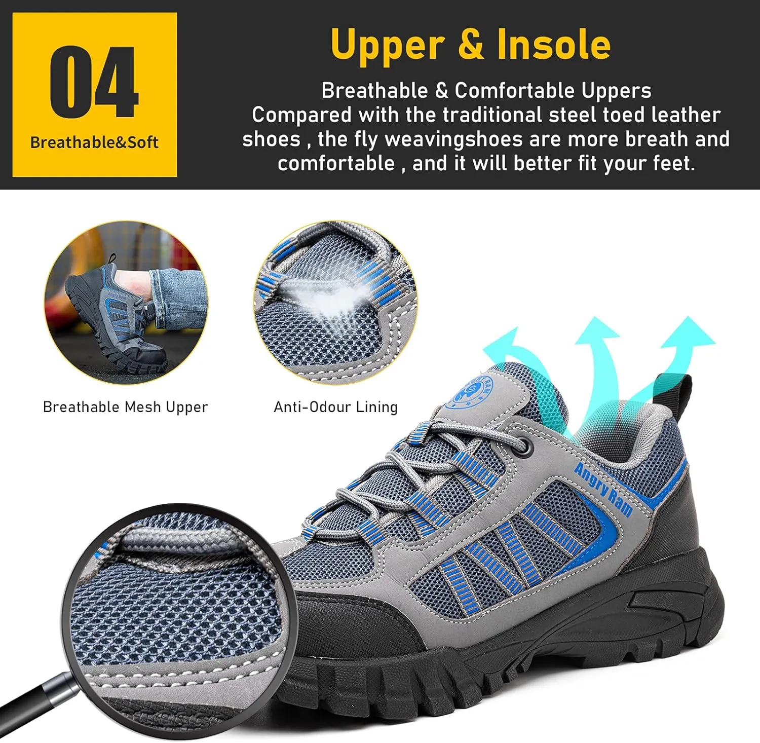 ANGRYRAM Steel Toe Shoes for Men Women Lightweight Indestructible Work Shoes Breathable Slip Resistant Safety Sneakers Comfortable Puncture Proof Shoes for Working Construction Industry