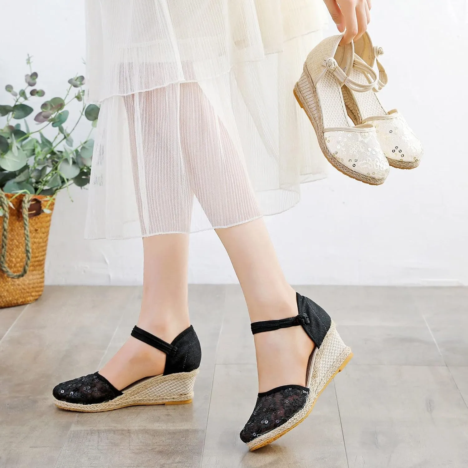 Aniywn Women Closed Toe Retro Wedge Casual Sandals Buckle Strap Ladies Espadrilles Wedge Sandals