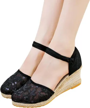 Aniywn Women Closed Toe Retro Wedge Casual Sandals Buckle Strap Ladies Espadrilles Wedge Sandals