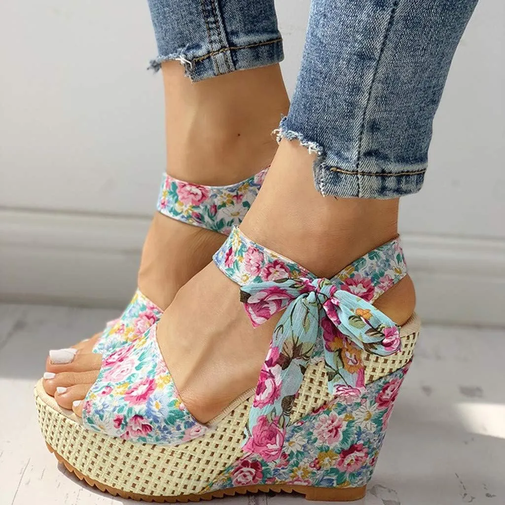 Aniywn Women Espadrilles Platform Wedges Heel Lace Up Sandals Elegant Floral Classic Ankle Strap Shoes