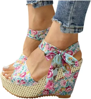 Aniywn Women Espadrilles Platform Wedges Heel Lace Up Sandals Elegant Floral Classic Ankle Strap Shoes