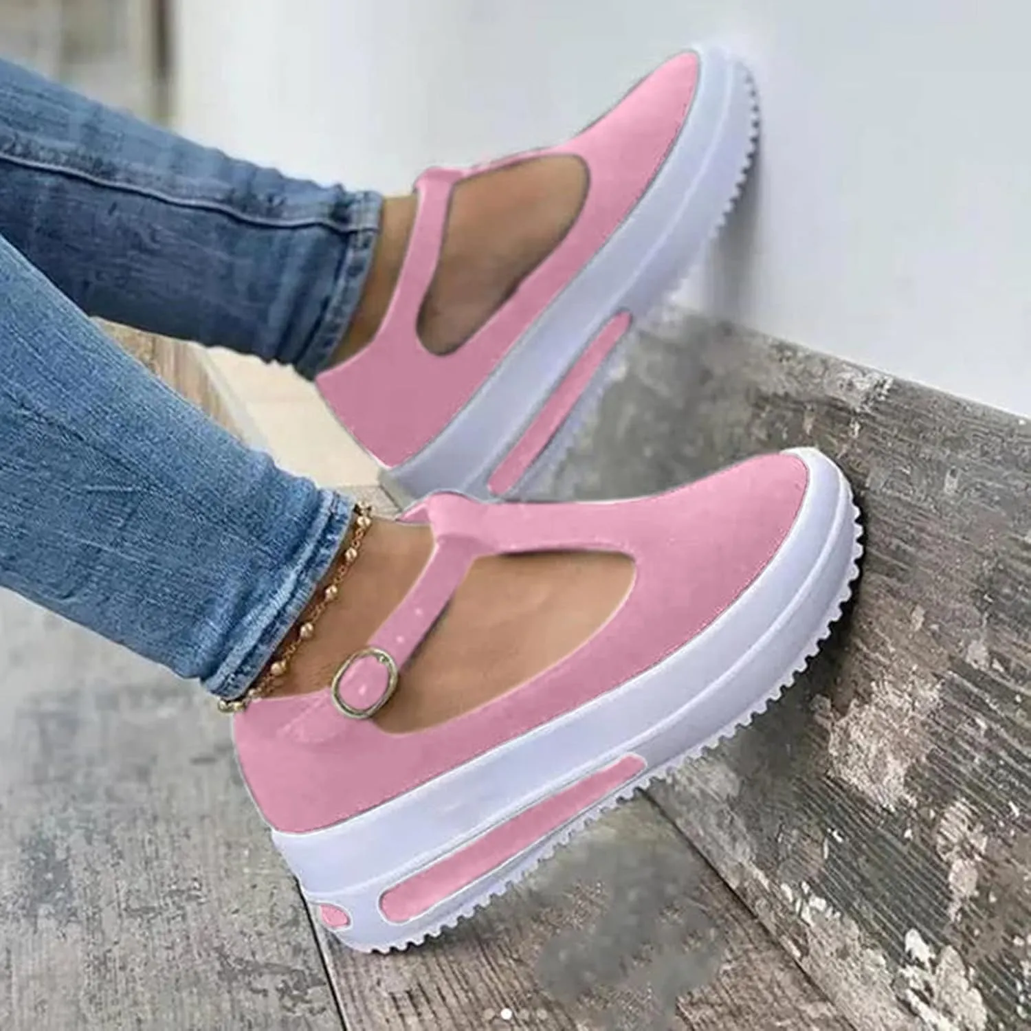 Aniywn Womens Platform Shoes Closed Toe Wedge Sandals Summer Casual Non-Slip Ankle T-Strap Comfort Shoes Walking Loafers