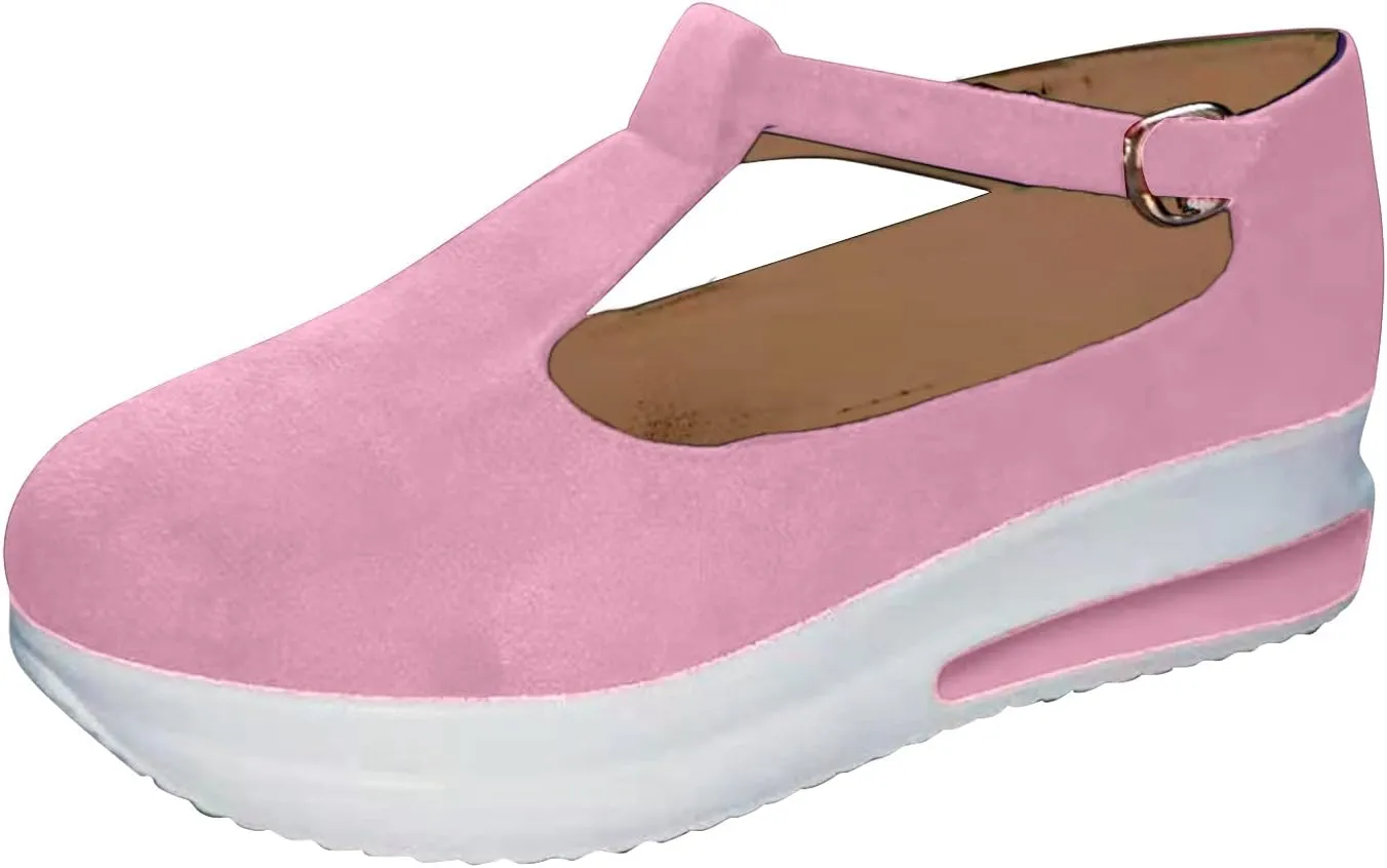 Aniywn Womens Platform Shoes Closed Toe Wedge Sandals Summer Casual Non-Slip Ankle T-Strap Comfort Shoes Walking Loafers