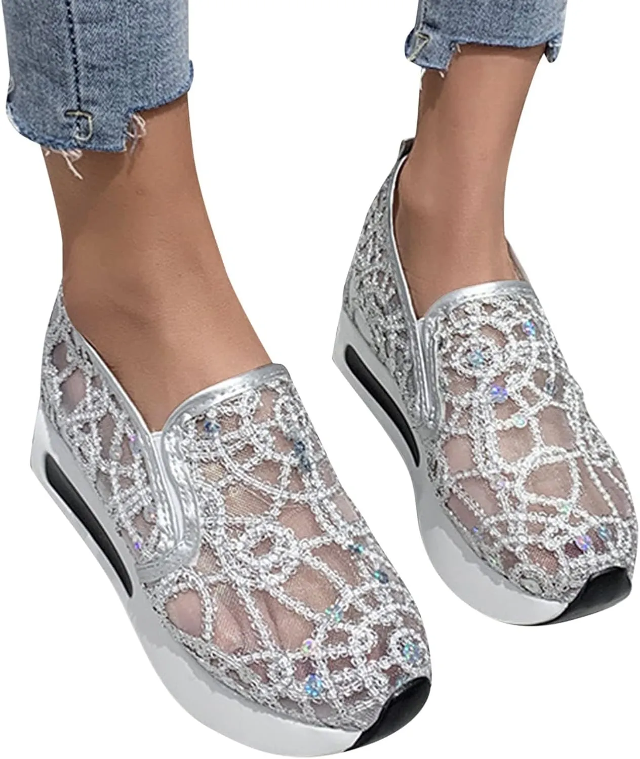 Aniywn Women's Slip-on Walking Shoes Mesh Breathable Sequins Platform Sneakers Summer High Heel Hidden Wedges Sneaker