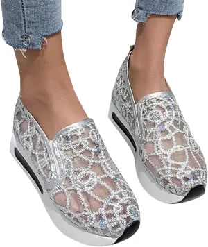 Aniywn Women's Slip-on Walking Shoes Mesh Breathable Sequins Platform Sneakers Summer High Heel Hidden Wedges Sneaker