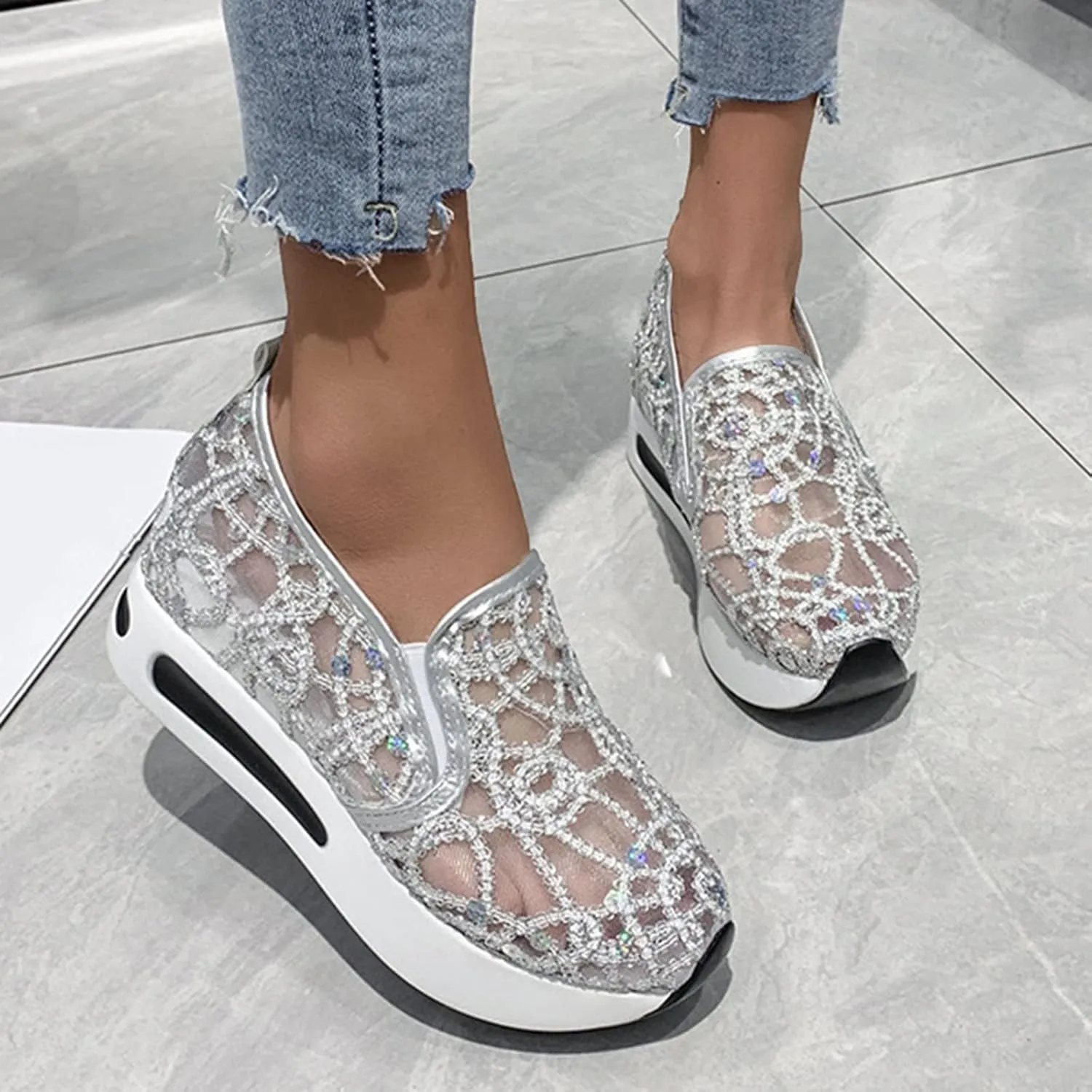 Aniywn Women's Slip-on Walking Shoes Mesh Breathable Sequins Platform Sneakers Summer High Heel Hidden Wedges Sneaker