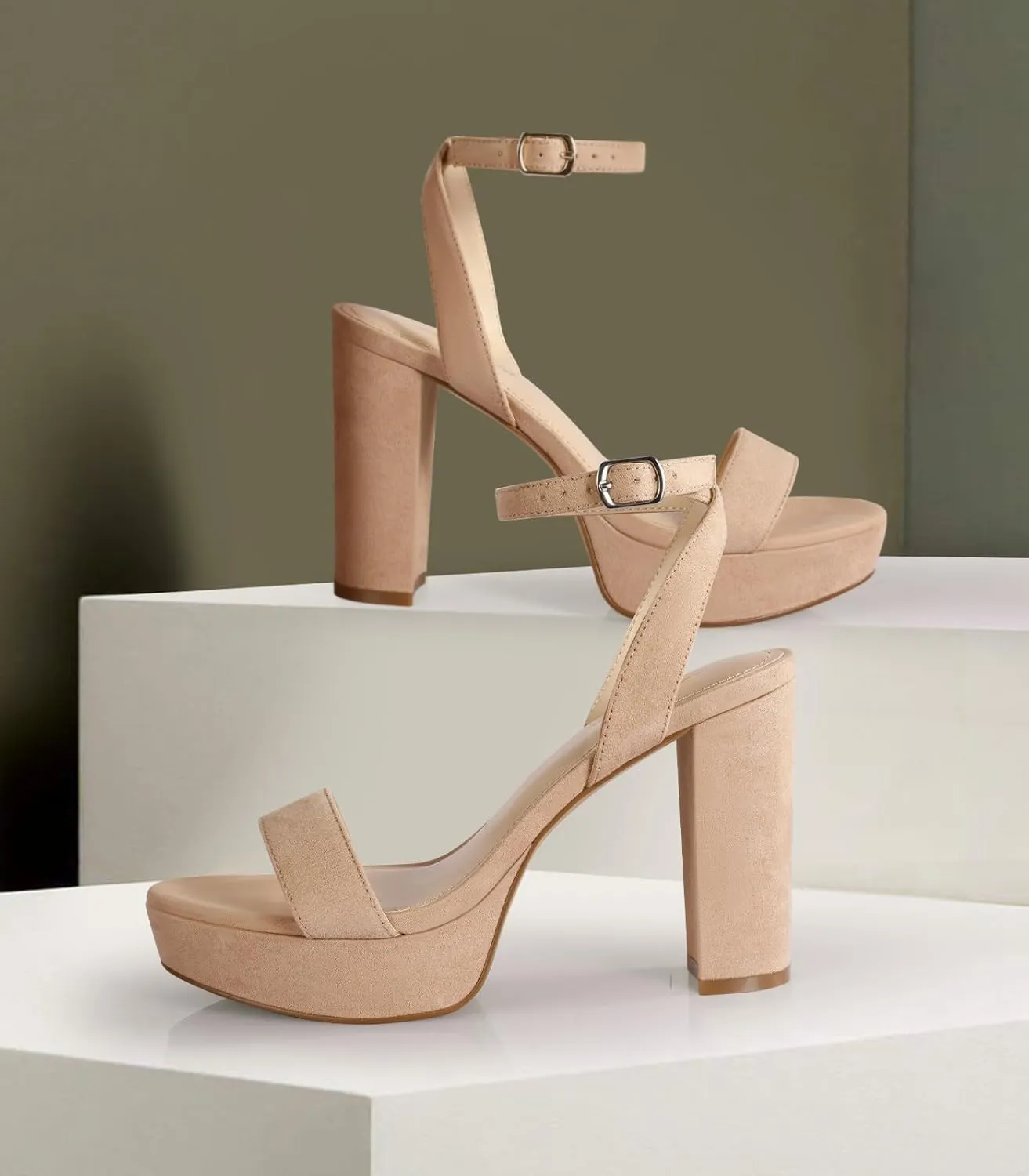 Ankis Platform Heels for Women 4 Inches Chunky Heels Sandals for Women Comfy Open Toe Block Heeled Sandals Nude White Silver Gold Black Ankle Strappy Heels for Women