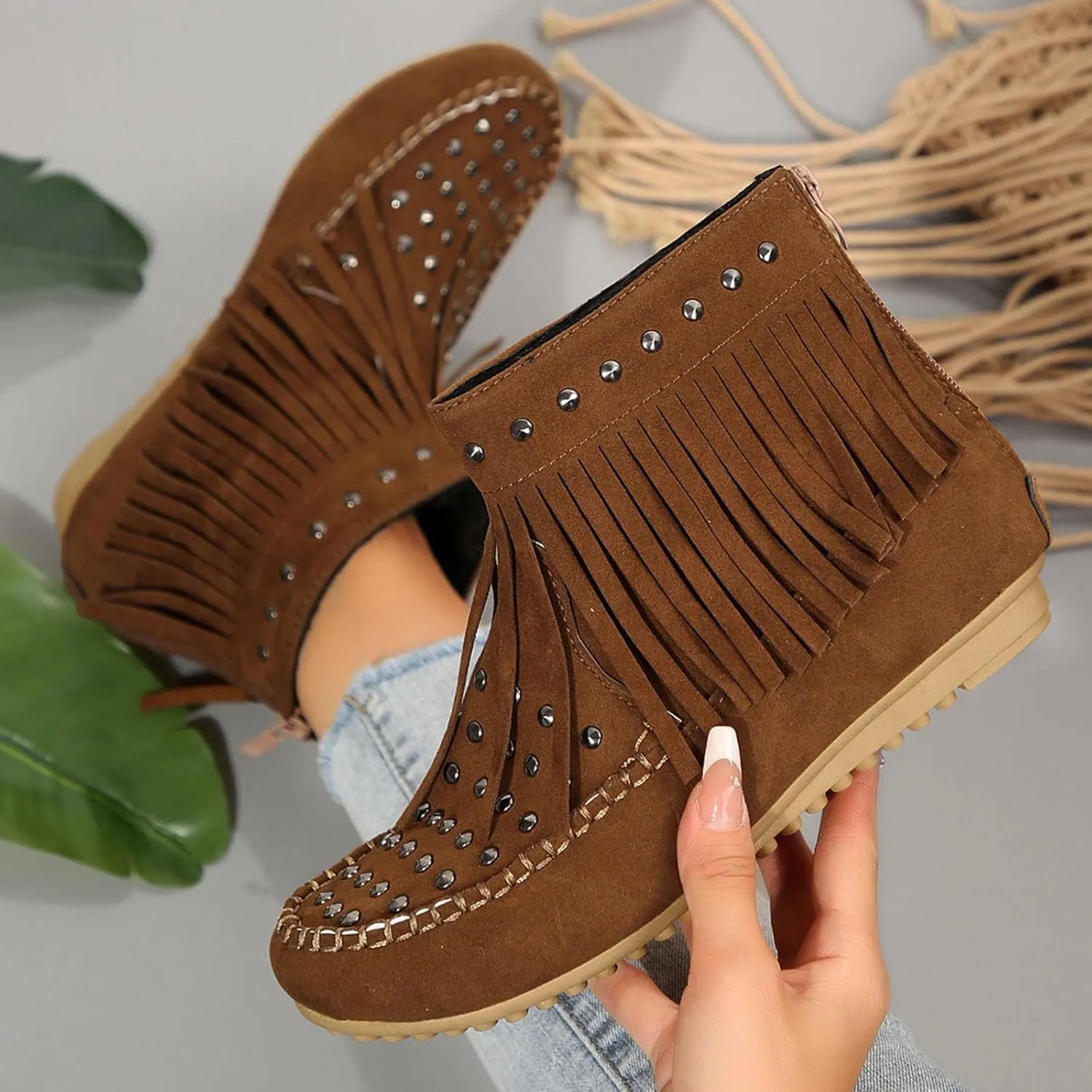 Ankle Boots for Women Flat Side Zip Vintage Womens Cowboy Boots Round Toe Fringe Buckle Straps Studded Western Cowboy Shoes