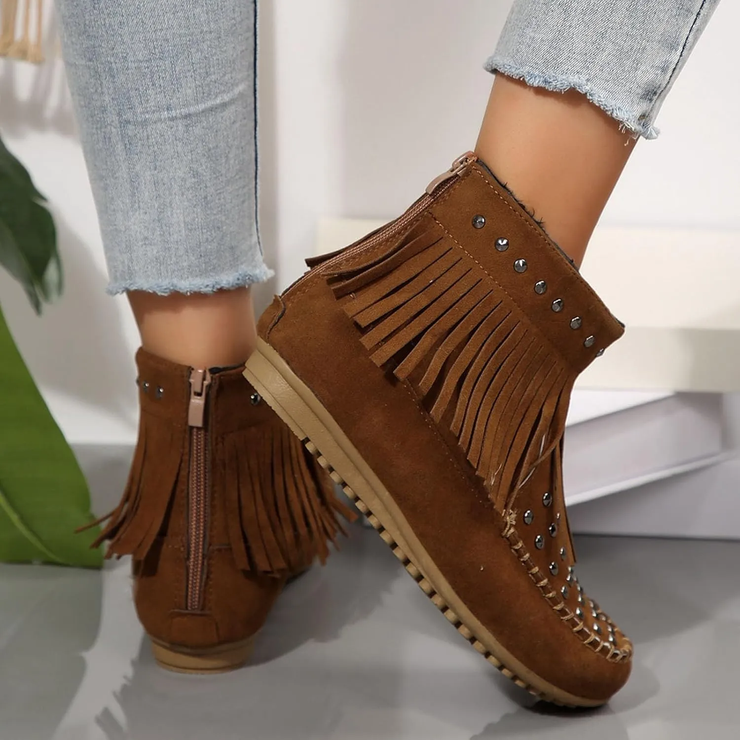 Ankle Boots for Women Flat Side Zip Vintage Womens Cowboy Boots Round Toe Fringe Buckle Straps Studded Western Cowboy Shoes