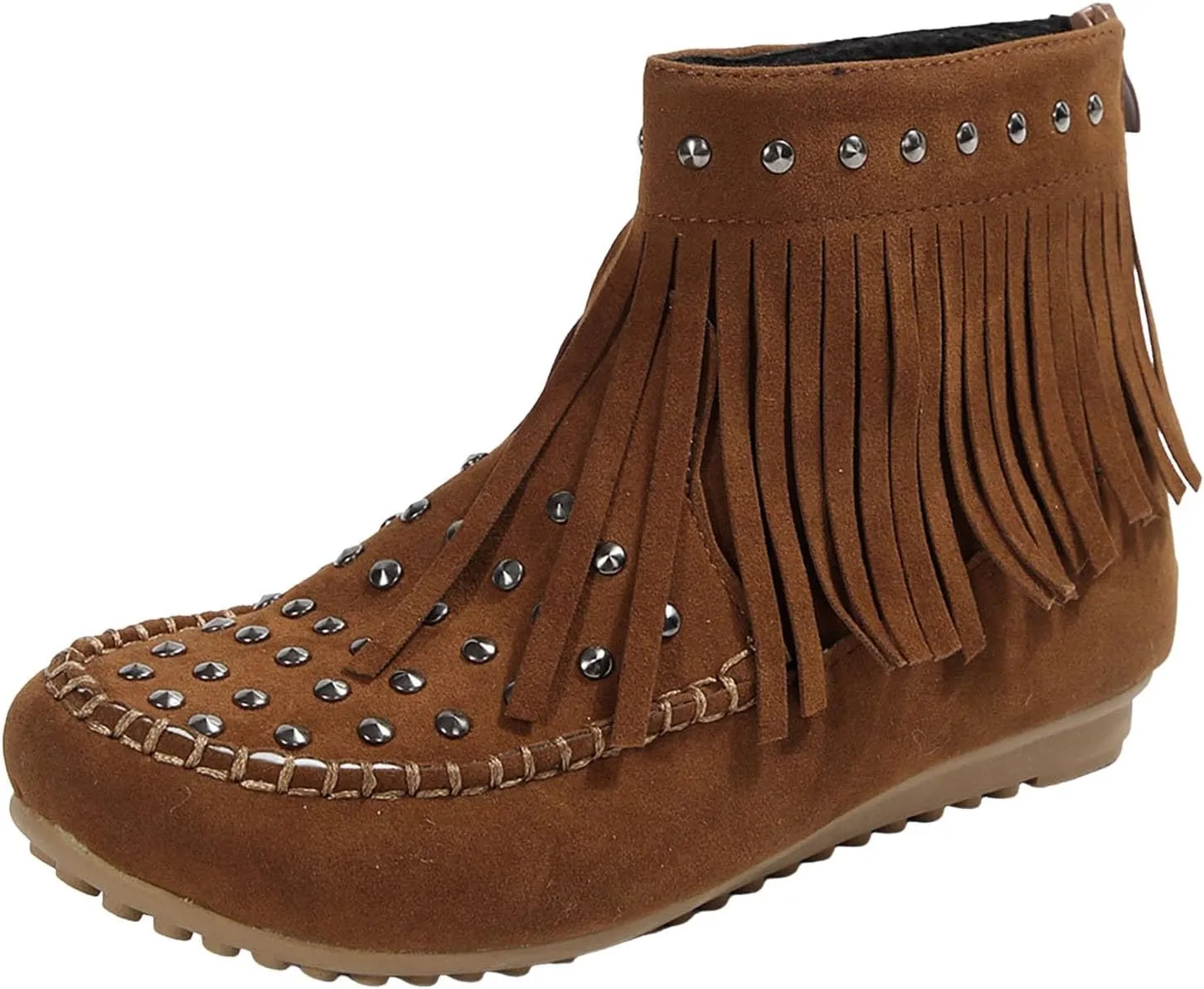 Ankle Boots for Women Flat Side Zip Vintage Womens Cowboy Boots Round Toe Fringe Buckle Straps Studded Western Cowboy Shoes