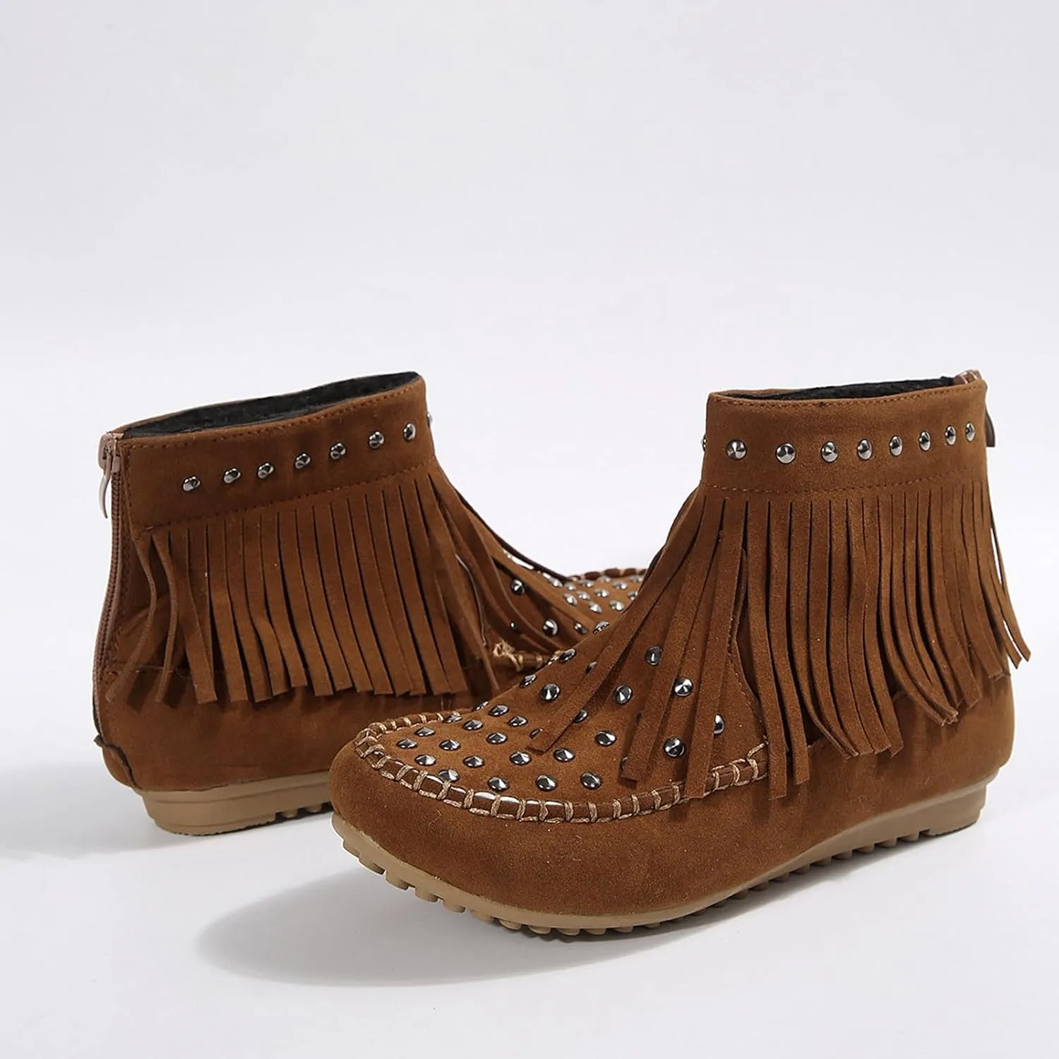 Ankle Boots for Women Flat Side Zip Vintage Womens Cowboy Boots Round Toe Fringe Buckle Straps Studded Western Cowboy Shoes
