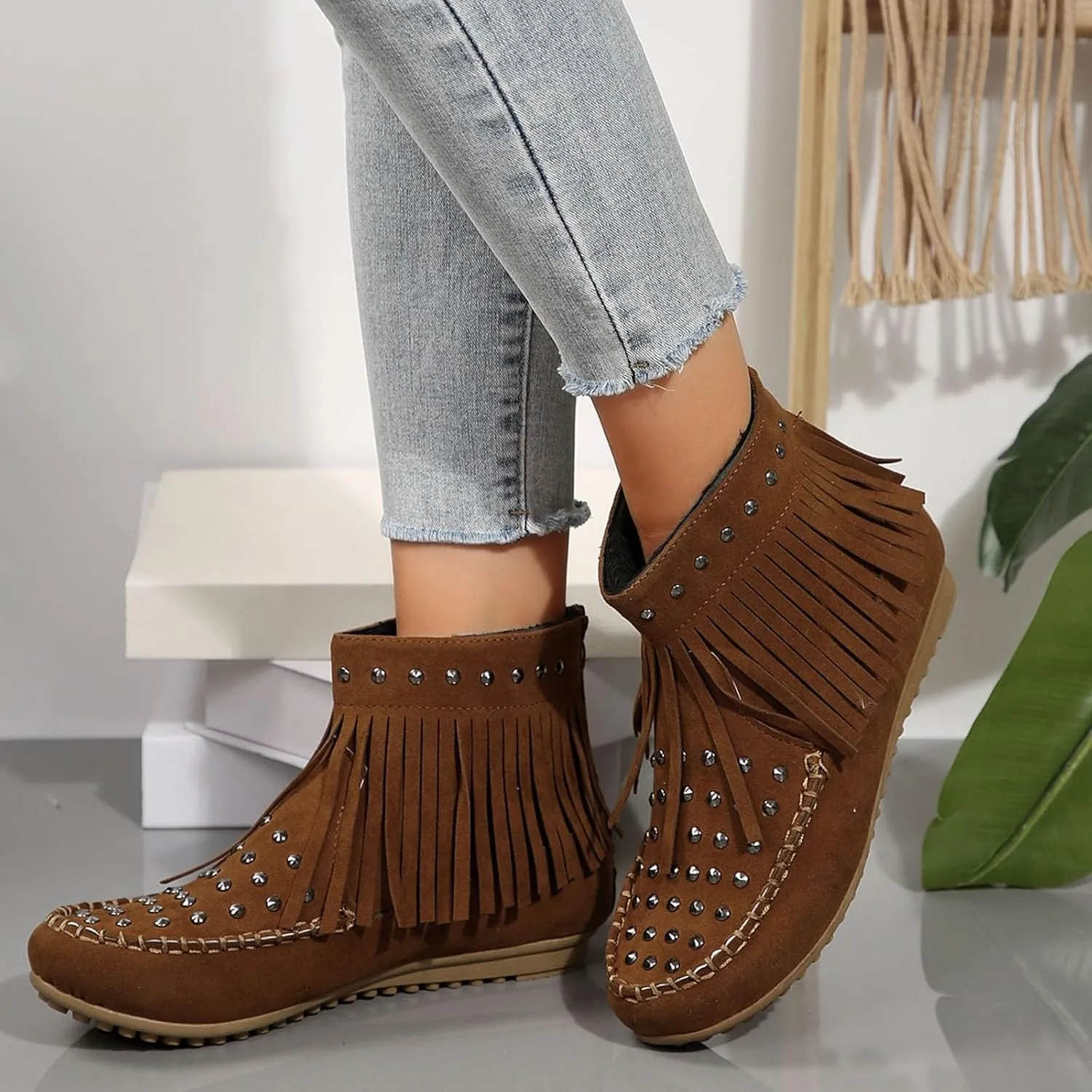 Ankle Boots for Women Flat Side Zip Vintage Womens Cowboy Boots Round Toe Fringe Buckle Straps Studded Western Cowboy Shoes
