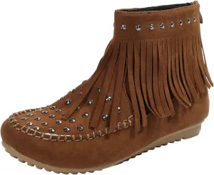 Ankle Boots for Women Flat Side Zip Vintage Womens Cowboy Boots Round Toe Fringe Buckle Straps Studded Western Cowboy Shoes