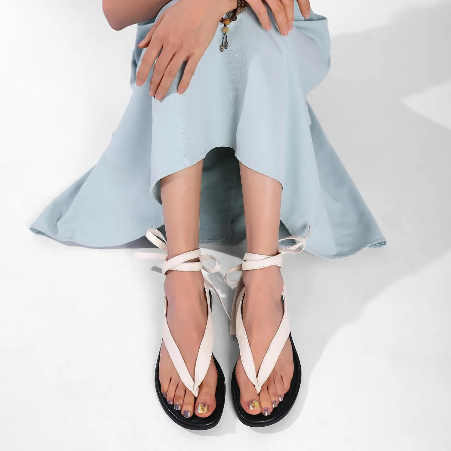 Ankle Strap Flat Sandals for Women Comfortable Lace Up T-Strap Slip on Flip Flops Flats Ladies Fashion Cute Thong Sandals Summer Soft Flip Flops Sandals