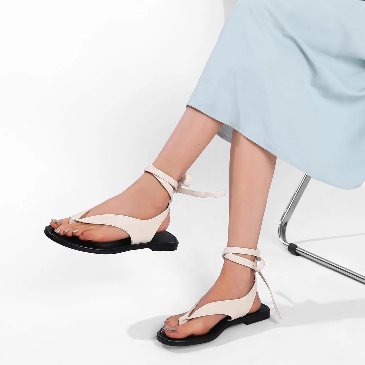 Ankle Strap Flat Sandals for Women Comfortable Lace Up T-Strap Slip on Flip Flops Flats Ladies Fashion Cute Thong Sandals Summer Soft Flip Flops Sandals