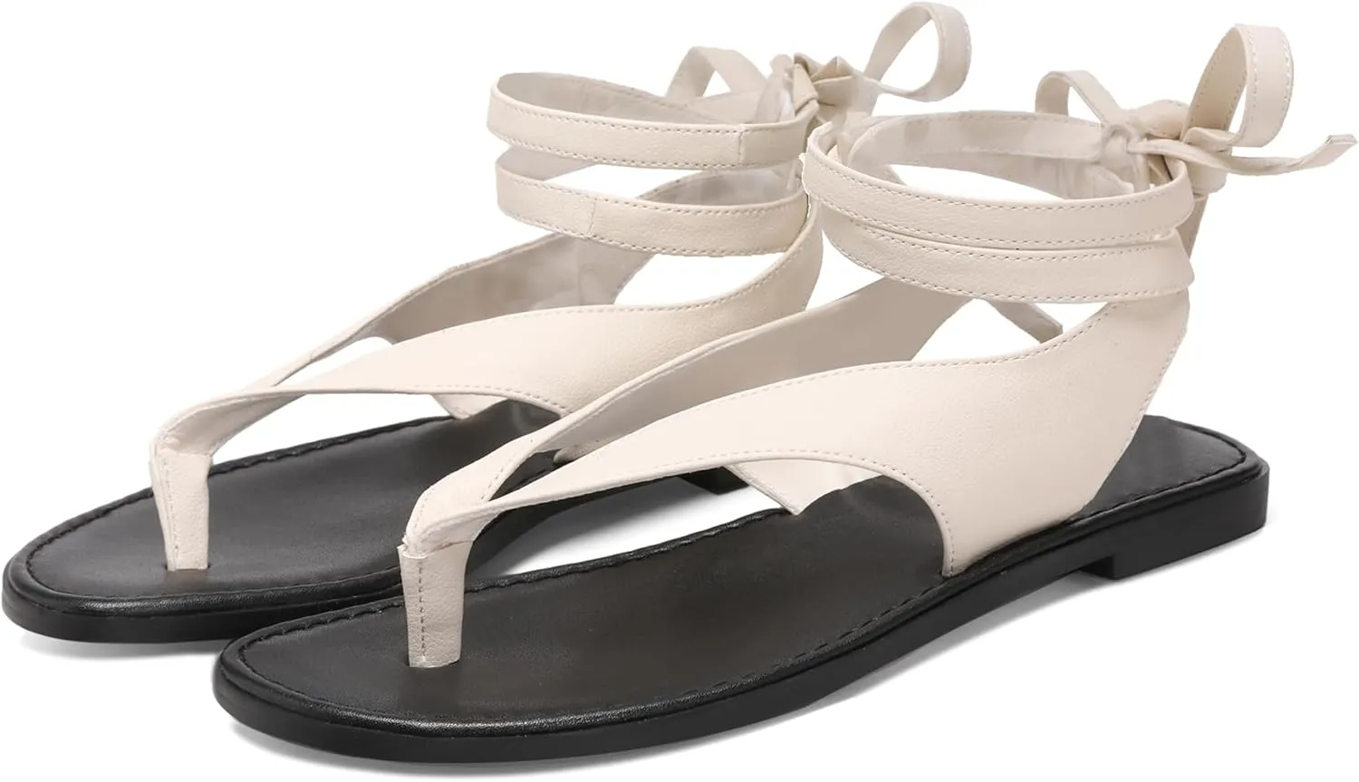 Ankle Strap Flat Sandals for Women Comfortable Lace Up T-Strap Slip on Flip Flops Flats Ladies Fashion Cute Thong Sandals Summer Soft Flip Flops Sandals