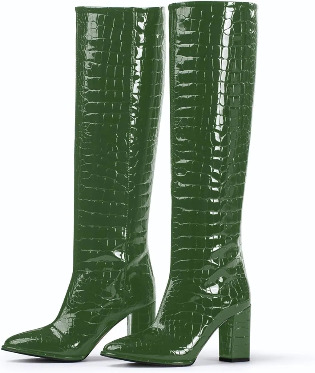 anteikira Women's Chunky Heel Round Toe Knee High Boots Crocodile High Heel Long Boots Fashion Pull On Tall Boots for Ladies Size 5.5-12US