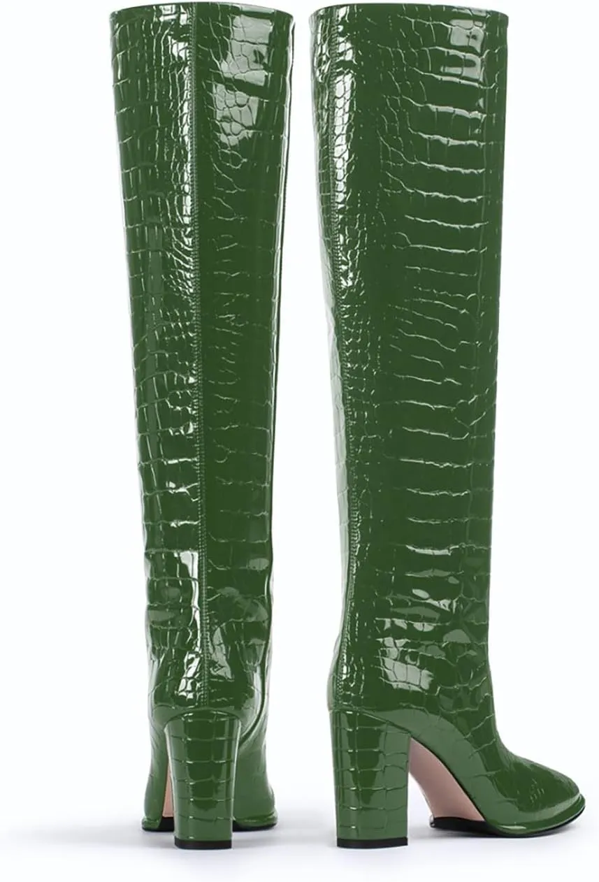 anteikira Women's Chunky Heel Round Toe Knee High Boots Crocodile High Heel Long Boots Fashion Pull On Tall Boots for Ladies Size 5.5-12US