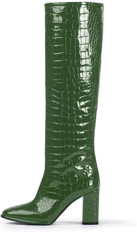 anteikira Women's Chunky Heel Round Toe Knee High Boots Crocodile High Heel Long Boots Fashion Pull On Tall Boots for Ladies Size 5.5-12US