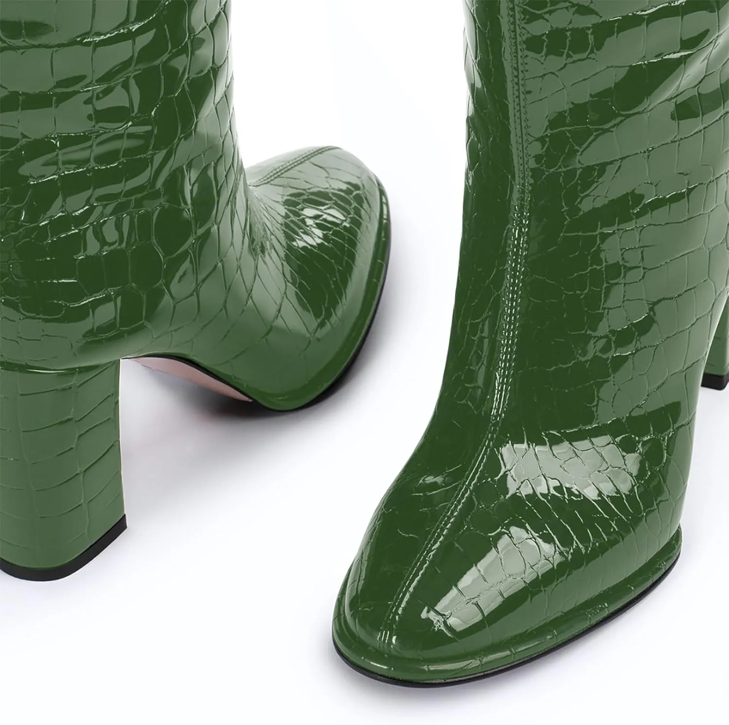 anteikira Women's Chunky Heel Round Toe Knee High Boots Crocodile High Heel Long Boots Fashion Pull On Tall Boots for Ladies Size 5.5-12US