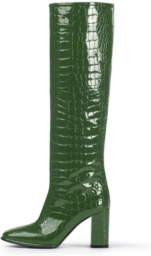 anteikira Women's Chunky Heel Round Toe Knee High Boots Crocodile High Heel Long Boots Fashion Pull On Tall Boots for Ladies Size 5.5-12US