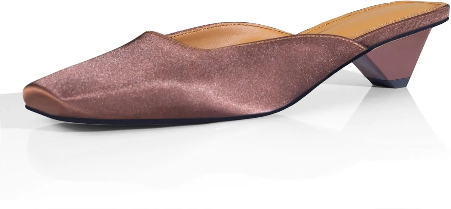 anteikira Women's Square Toe Kitten Heels Mules Slip On Pointed Toe Pumps Comfortable Low Heel Ankle Strap Satin Dressy Sandals Party Wedding Dress Daily Casual Shoes