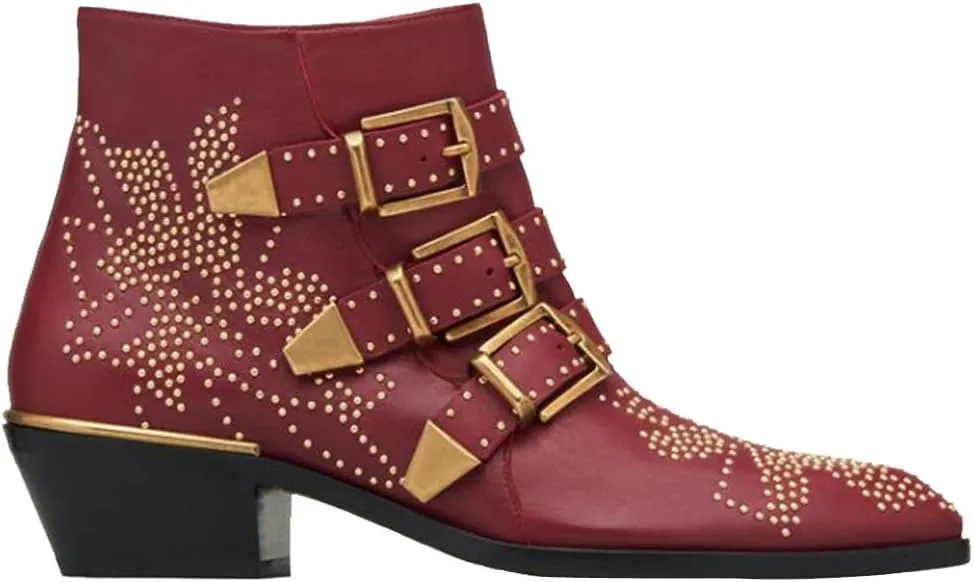 Arqa Women's Studded Ankle Boots Leather Multiple Buckle Chunky Heel Booties Almond Toe Zipper Punk Boot