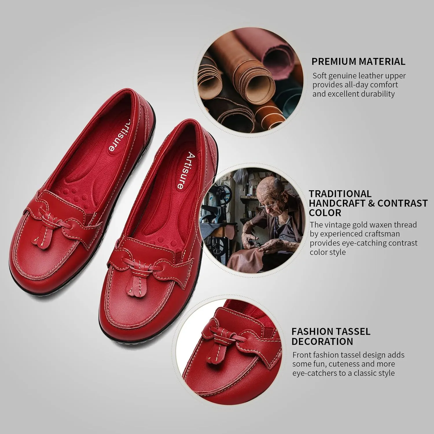 Artisure Women's Classic Comfort Leather Loafers Casual Slip-Ons Stylish Tassel Dress Shoes Cute Work Office Flats Everyday Walking Shoes