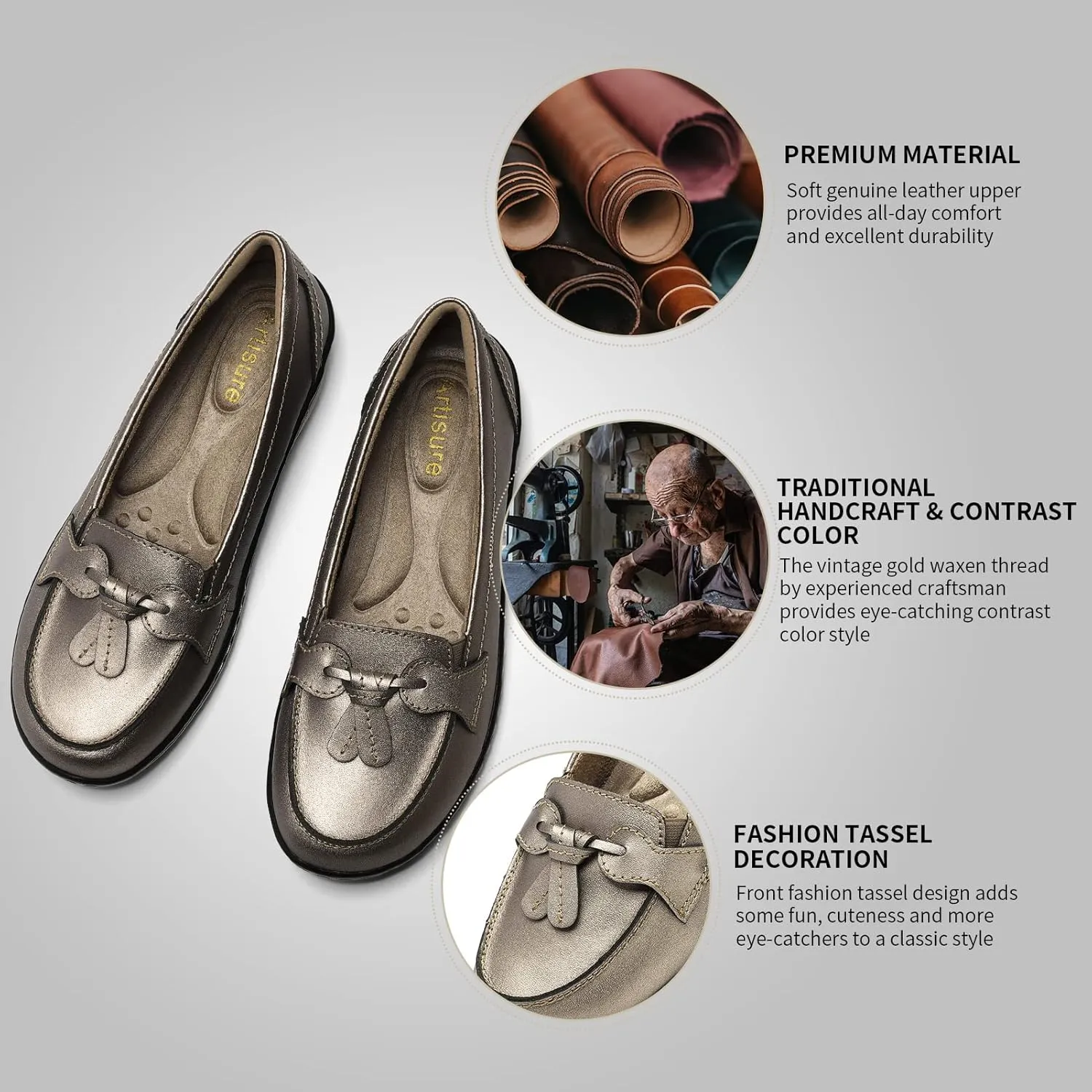 Artisure Women's Classic Comfort Leather Loafers Casual Slip-Ons Stylish Tassel Dress Shoes Cute Work Office Flats Everyday Walking Shoes