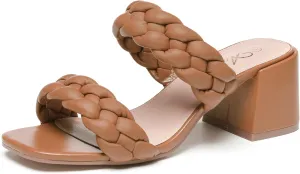 Athlefit Women's Braided Heeled Sandals Strappy Square Open Toe Heels Backless Mules Slip On Block Heels