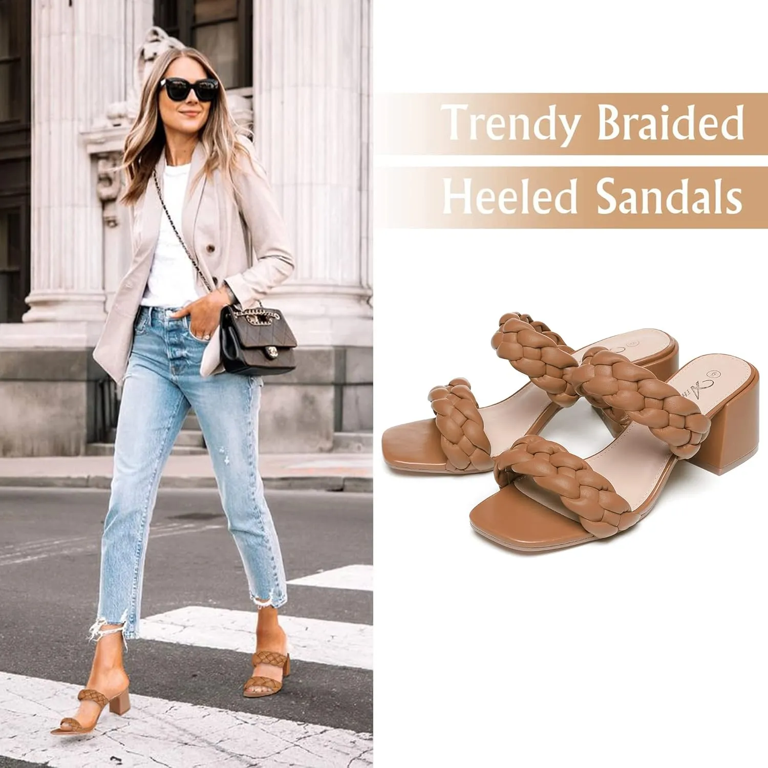 Athlefit Women's Braided Heeled Sandals Strappy Square Open Toe Heels Backless Mules Slip On Block Heels
