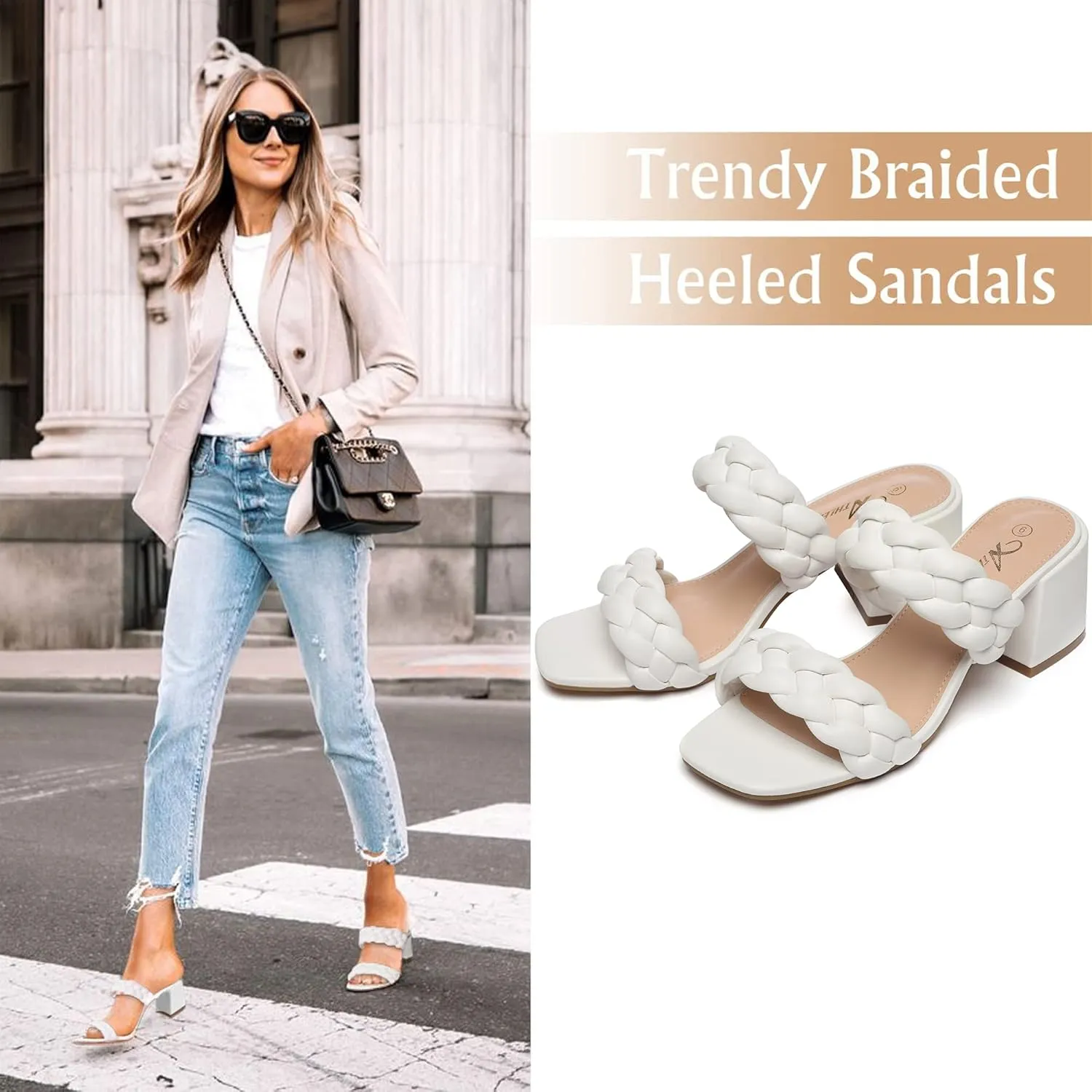 Athlefit Women's Braided Heeled Sandals Strappy Square Open Toe Heels Backless Mules Slip On Block Heels