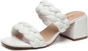 Athlefit Women's Braided Heeled Sandals Strappy Square Open Toe Heels Backless Mules Slip On Block Heels