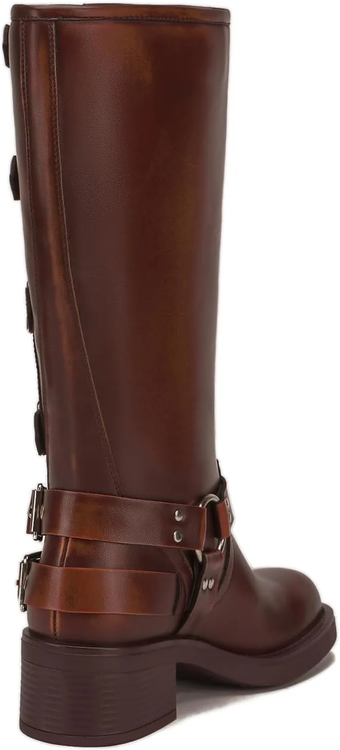 Athlefit Women's Knee High Riding Boots Fashion Buckle Square Toe Chunky Heel Wide Calf Biker Boots