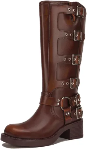 Athlefit Women's Knee High Riding Boots Fashion Buckle Square Toe Chunky Heel Wide Calf Biker Boots