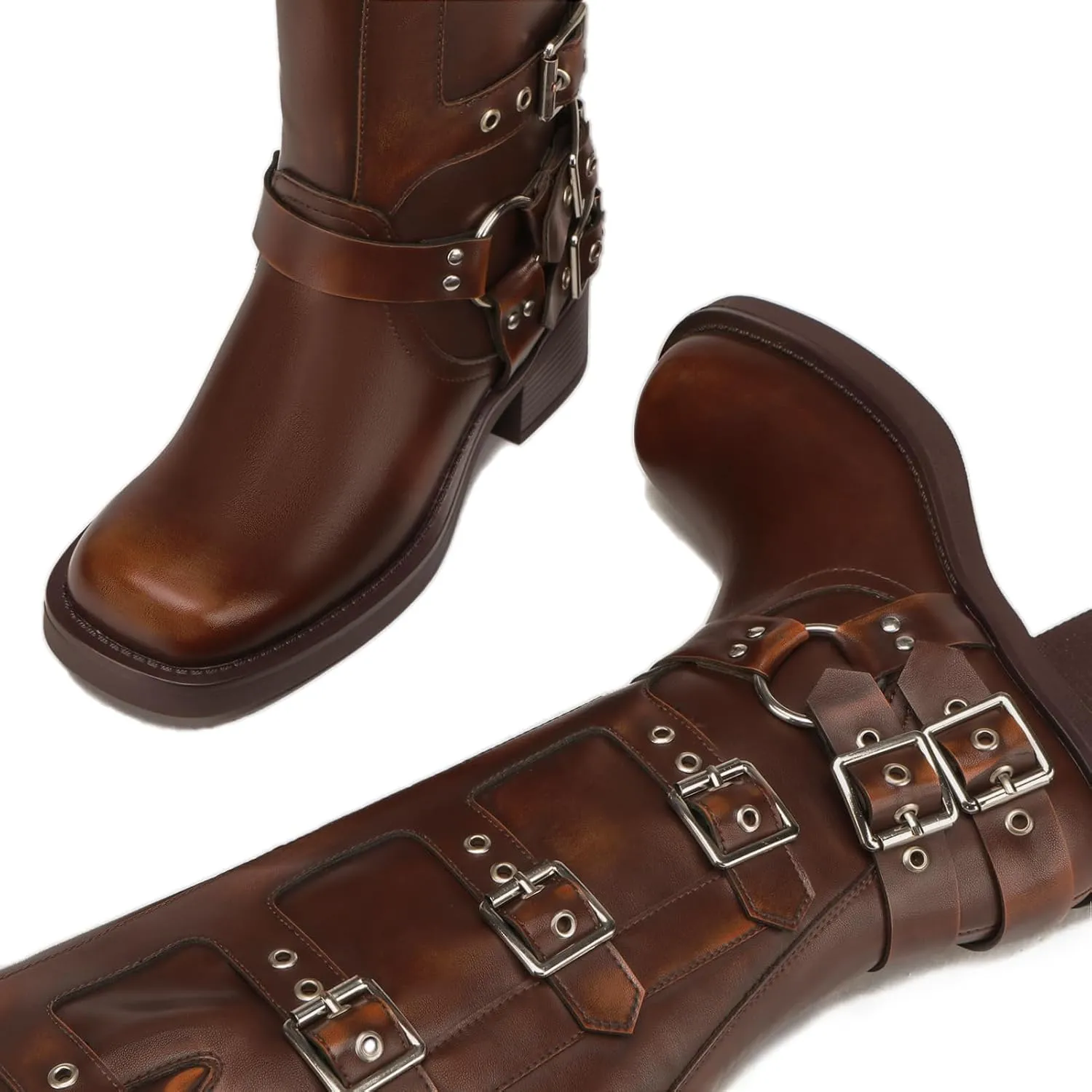 Athlefit Women's Knee High Riding Boots Fashion Buckle Square Toe Chunky Heel Wide Calf Biker Boots