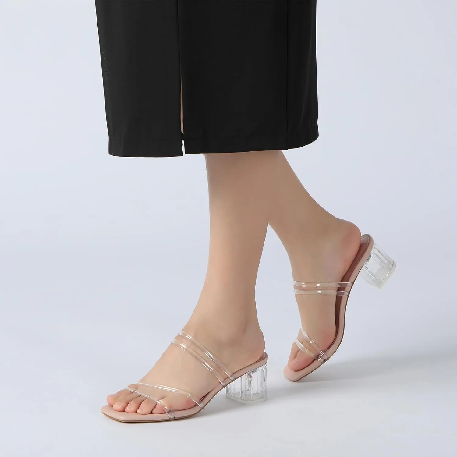 Athlefit Women's Strappy Block Chunky Heels Fashion Square Open Toe Slip On Heeled Sandals