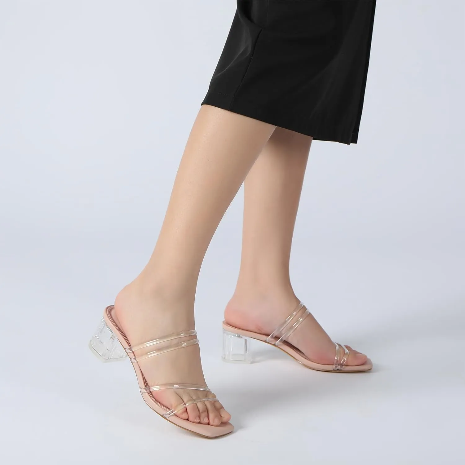 Athlefit Women's Strappy Block Chunky Heels Fashion Square Open Toe Slip On Heeled Sandals