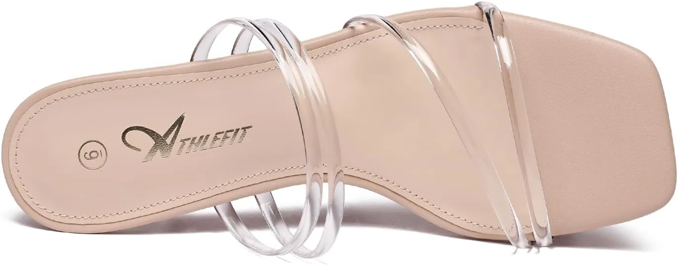 Athlefit Women's Strappy Block Chunky Heels Fashion Square Open Toe Slip On Heeled Sandals